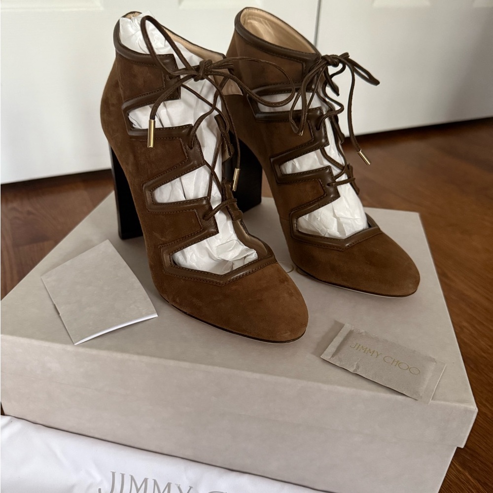 NEW Authentic JIMMY CHOO Heels Brown Suede Latch 100 Lace Up Sandals Size 37.5